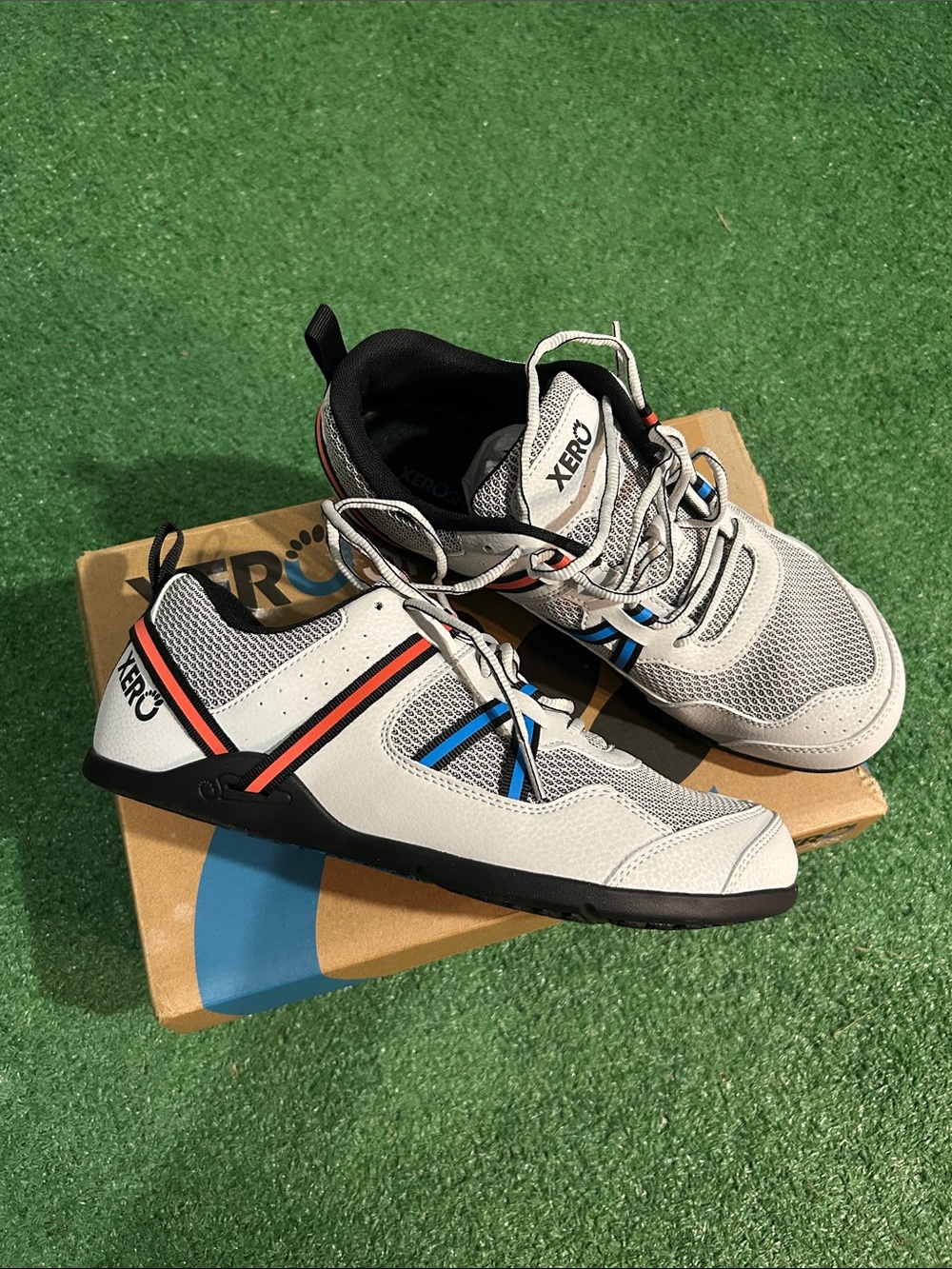 Xero Men's Athletic Sneakers in Light Gray with Blue & Orange Accents